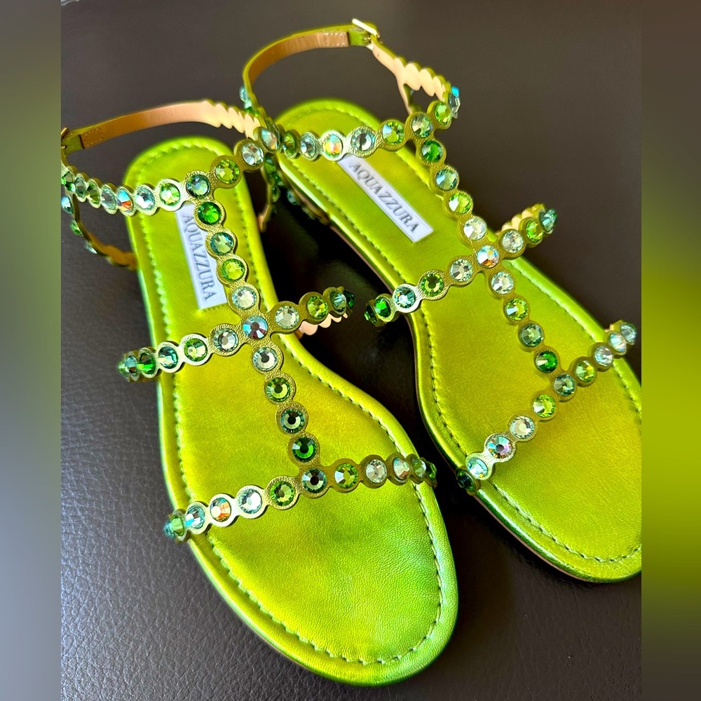 NEW Aquazzura Crystal-Embellished Tequila Leather Sandals Lime 38.5 8.5